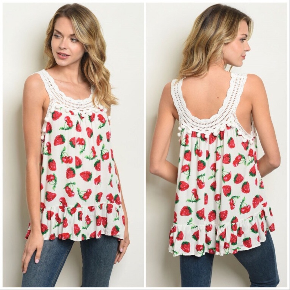 Off White Strawberry Print Tank Top
